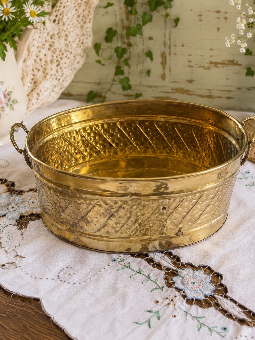 Vintage Oval Hammered Brass Cachepot Planter Rustic Decor